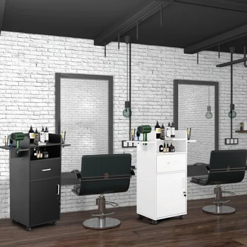 Vista 8 de Artist Hand Gabinete de salón para estilista – Estación de pelo con ruedas, carrito de salón de belleza con 6 soportes para herramientas, polea fija