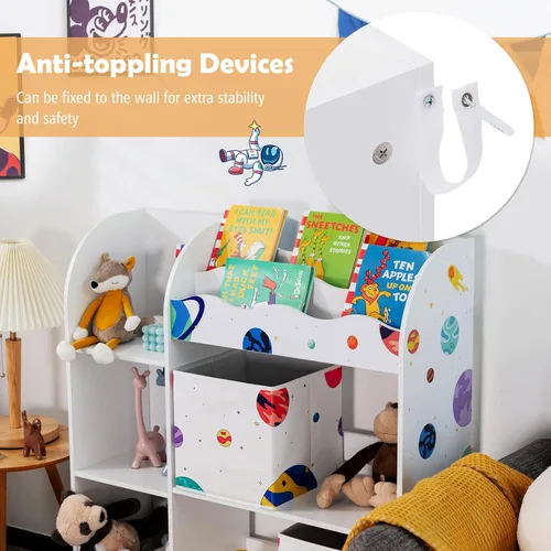 Vista 5 de Costzon Organizador de juguetes y libros para niños, estantería de almacenamiento de madera con 5 estantes abiertos, 2 cajas de almacenamiento y 3