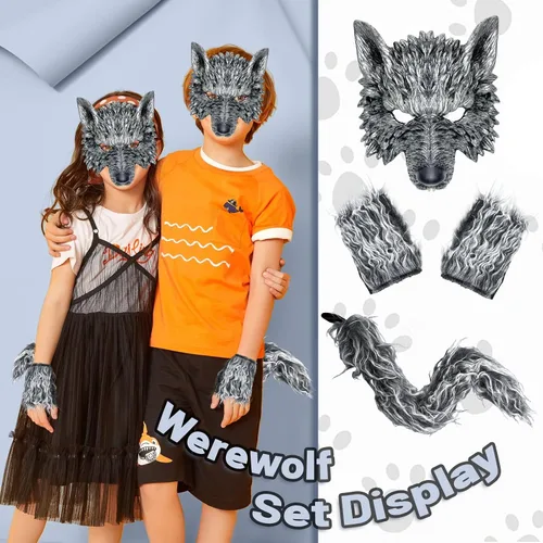 Vista 5 de Exlinonline Disfraz de lobo de hombre lobo para mujeres, hombres, adultos y niños con orejas de lobo grandes y malas, guante y máscara para Halloween