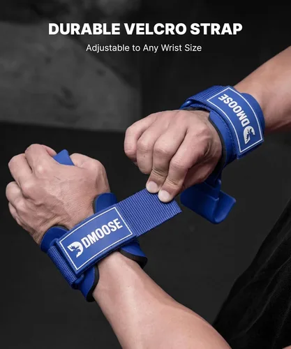 Vista 6 de DMoose Fitness Ganchos de levantamiento de pesas (par) para peso muerto, dominadas, remo y encogimientos de hombros – Correa de nailon