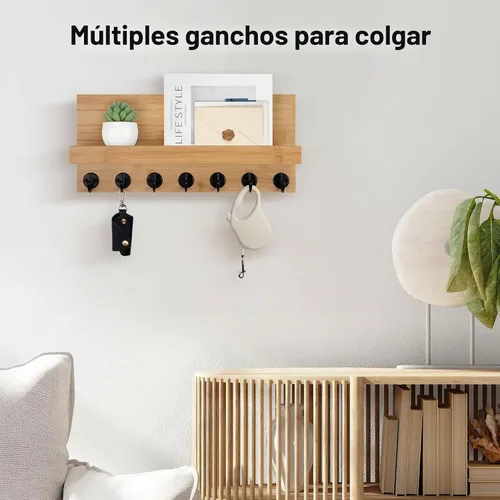 Vista 3 de Lwenki Soporte para llaves de pared, llave de entrada y soporte para correo con 7 ganchos resistentes para lentes de sol, correa de perro, estante