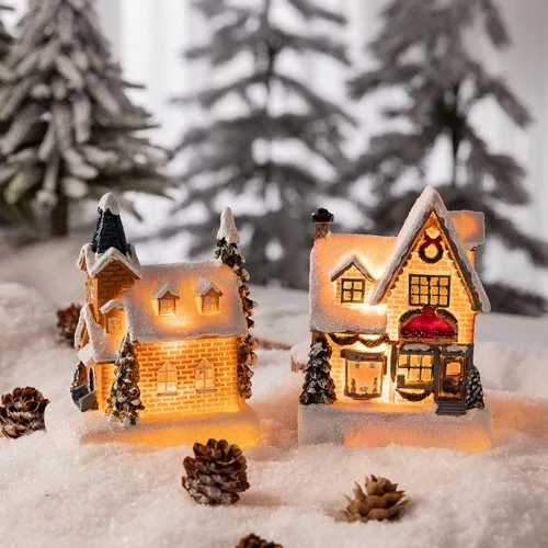 Vista 5 de Casa iluminada de pueblo de Navidad, casas de pueblo de Navidad iluminadas con LED, Navidad, invierno, aldea de nieve, casa iluminada, decoración