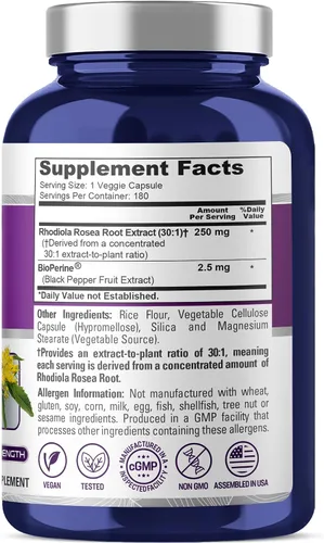 Vista 2 de NusaPure Rhodiola Rosea 7,500 mg 180 cápsulas vegetales (sin OMG, extracto 30:1, vegetariano/vegano y sin gluten) con bioperina