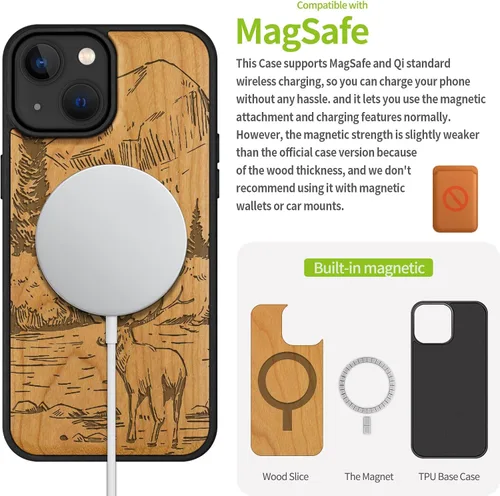 Vista 5 de Carveit Funda magnética de madera para iPhone 15, compatible con cargadores inalámbricos MagSafe, funda negra de TPU suave a prueba de golpes