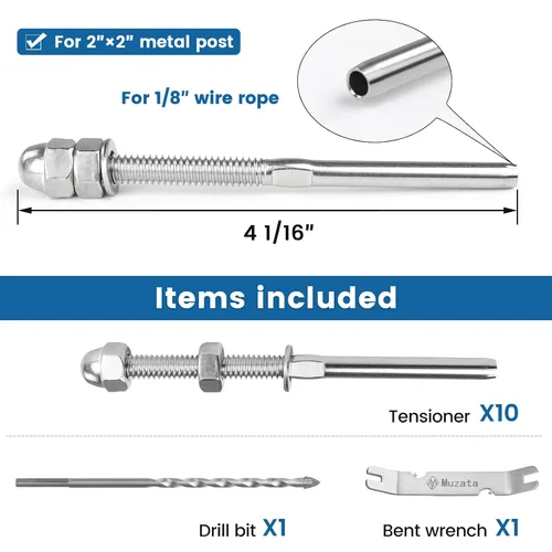 Vista 2 de Muzata Paquete de 10 accesorios de barandilla de cable de 1/8 pulgadas, tensor roscado a mano para poste de metal de 2 x 2 pulgadas, sistema