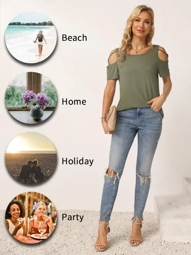 Vista 6 de NILOUFO - Blusas de verano para mujer manga corta tiras y hombros descubiertos