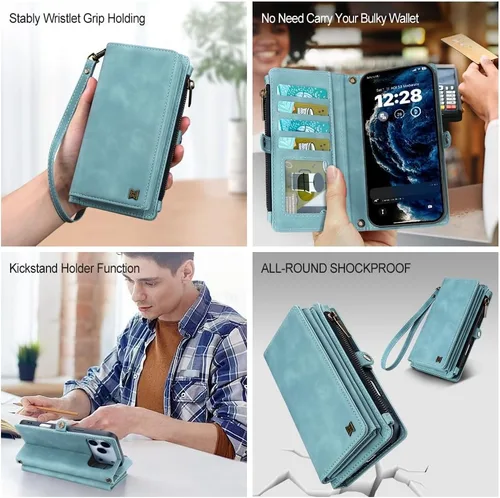 Vista 6 de Funda tipo cartera para iPhone 16 Pro Max con 8 tarjeteros, bloqueo RFID, piel sintética, función atril, abatible, correa de muñeca y correa