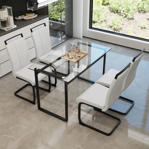 Vista 25 de Juego de mesa de comedor de cristal moderno para 4, juego de mesa de cocina rectangular, juego de mesa de comedor de 5 piezas con 1 mesa de vidrio
