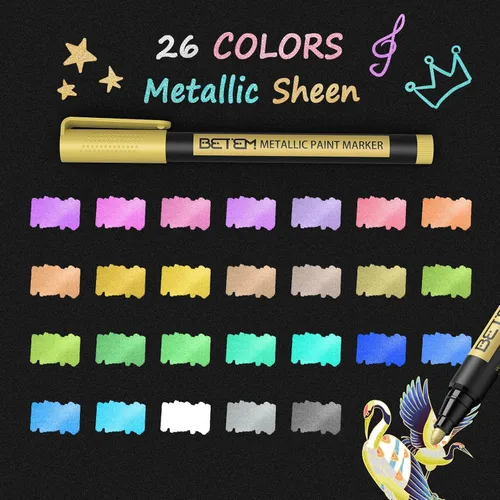 Vista 3 de Betem Marcadores de pintura metálica, marcadores metálicos acrílicos de 26 colores para papel negro, bolígrafos con purpurina de punta media