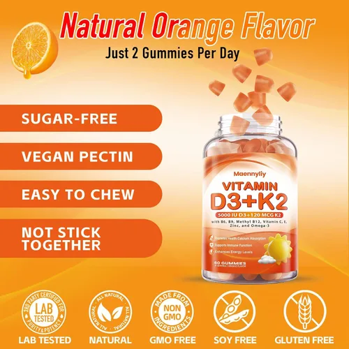 Vista 7 de Gomitas de vitamina D3 K2 para adultos – Vitamina D3 5000IU + K2 (MK-7) 120mcg – Suplementos D3 y K2 sin azúcar con omega-3, metilo B12, B9, B6
