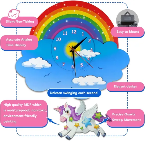 Vista 3 de Reloj de pared con péndulo de unicornio y arco iris, vista tridimensional, reloj oscilante analógico para niños, madera MDF 3D, para dormitorio