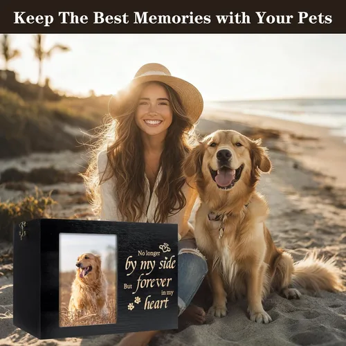 Vista 5 de Urnas para mascotas para perros o gatos cenizas con marco de fotos, caja de memoria de madera para recuerdos con franela negra como forro, regalos