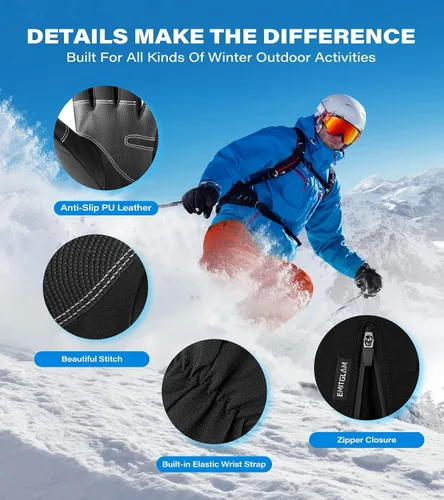 Vista 5 de Guantes de invierno para hombres y mujeres, fabricados con aislamiento 3M premium, guantes de esquí de nieve impermeables con 10 dedos para pantalla