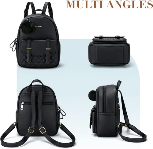Vista 7 de Missnine Mini mochila para mujer, bonita mochila pequeña con pompón, de piel sintética, mini mochilas casuales para damas, 1-negro, Casual Chic