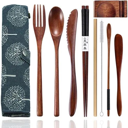 Vista 8 de Utensilios de madera reutilizables para comer, 8 piezas de cucharas de madera de viaje, tenedores, palillos, juego de cubiertos con estuche