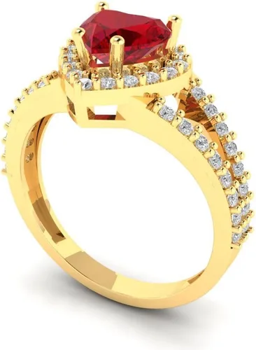 Vista 2 de Clara Pucci Anillo de compromiso de rubí rojo simulado con halo solitario de corte en corazón de 1.69 quilates, oro amarillo de 14 k