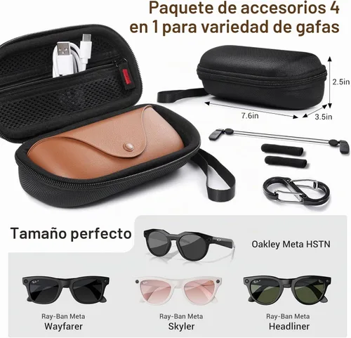 Vista 2 de CoBak Funda de transporte para gafas inteligentes Ray-Ban Meta y Oakley, con kit de accesorios 4 en 1, funda, mosquetón, correa y cojín