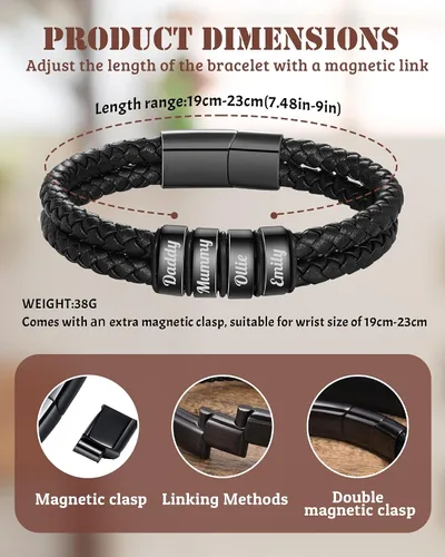 Vista 3 de Pulsera personalizada con nombre con 1-6 nombres, pulseras personalizadas de cuero trenzado grabado para hombres, regalos para Navidad, día de San