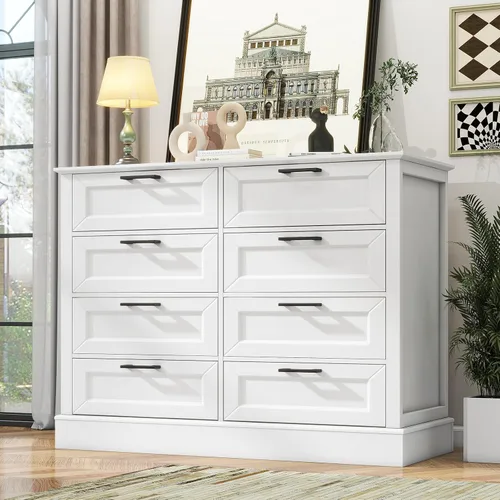 Vista 8 de ZLWJGY Cómoda blanca para dormitorio, cómoda de madera con 5 cajones, cómoda para dormitorio, sala de estar, entrada, pasillo, asas negras