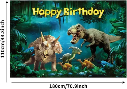 Vista 5 de Renaiss Cartel de feliz cumpleaños de 6 x 3.6 pies, decoración de fiesta de dinosaurios, jurásico, cretácico, selva, loca, aventura, fondo