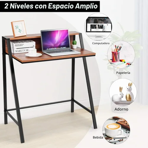 Vista 7 de Tangkula Escritorio pequeño para computadora, escritorio compacto para oficina en casa con marco resistente, mesa de estudio de 2 niveles