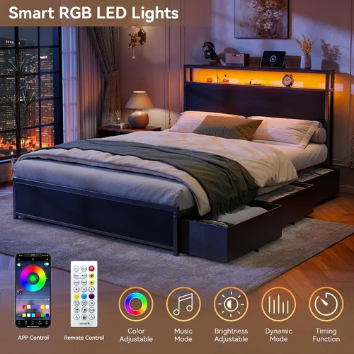 Vista 3 de Forestell Full Size Bed Frame with Storage Headboard & 6 Drawers, Metal Platform Bed Frame with LED Lights & Charging Station, 2 Tier Shelf Storage