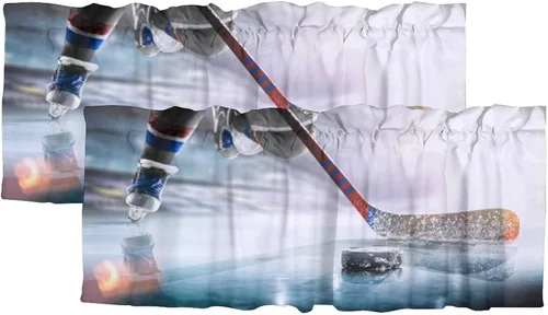Vista 5 de Cortinas de cenefa con bolsillo para barra de hockey sobre hielo, diseño de fantasía, deportes de invierno, juego de hockey, decoración de ventana