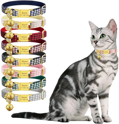 Vista 9 de Collar de gato personalizado con placa de nombre, collares ajustables de nailon resistente para identificación de gato con campana, personaliza