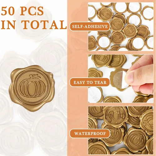 Vista 3 de Whaline 50 calcomanías de sello de cera de otoño, calcomanías de sello de calabaza de otoño, calcomanías 3D vintage doradas autoadhesivas en relieve