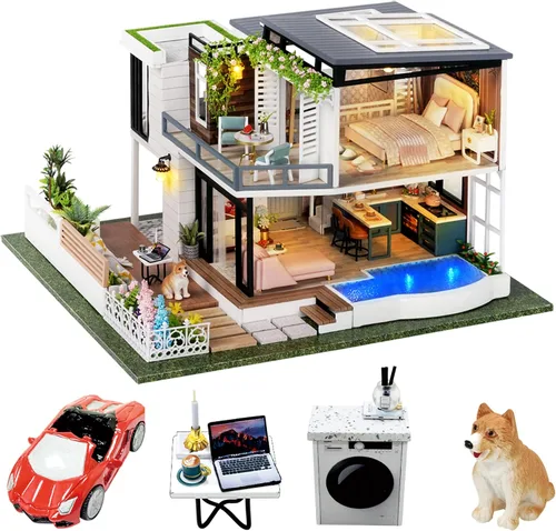 Vista 8 de Spilay - Casa de muñecas en miniatura con muebles, kit de bricolaje de madera para casa de muñecas, mini kit artesanal hecho a mano, escala 1:24