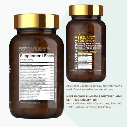 Vista 6 de Dr Sosnowski's BioActive Shilajit Blend con Ashwagandha, Rhodiola Rosea, melena de león, Panax Ginseng, jalea real, ginkgo biloba, cúrcuma
