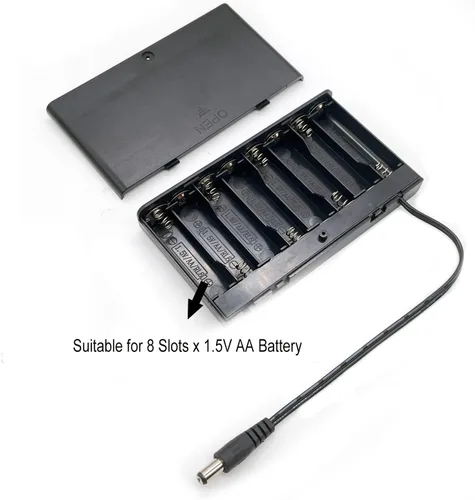 Vista 2 de Soporte de batería 8AA, caja de 8 baterías AA, 8 x 1.5V AA caja de soporte de batería 12V con interruptor de encendido/apagado y conector macho DC