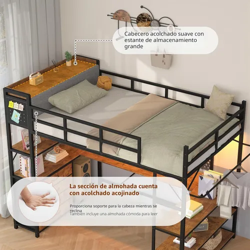 Vista 4 de Cama elevada de tamaño individual con almacenamiento y cabecero tapizado, estructura de cama elevada de metal con escritorio en forma de U y luces