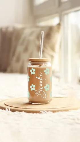 Vista 3 de Taza de cristal personalizada de margarita, vaso de cerveza con tapa y pajita, vaso de lata floral, vaso de vidrio de 16 onzas, vaso personalizado