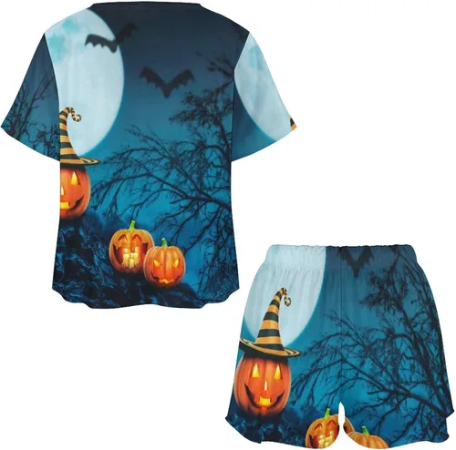 Vista 4 de Happy Helloween Night Pajamas Set Button Down Loungewear Summer Short Sleeve Pjs for Women Soft Comfy 2 Piece