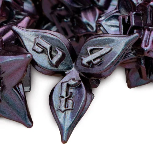 Vista 3 de ARUOHHA juego de dados de metal DND diseño de hoja púrpura, juego de dados poliédricos con caja, 7 piezas de dados D y D para juegos de rol RPG D20