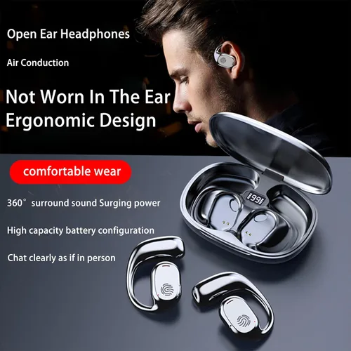 Vista 2 de Auriculares de oreja abierta, auriculares de conducción de aire, auriculares inalámbricos Bluetooth 5.3, pantalla LED, estuche de carga, diseño