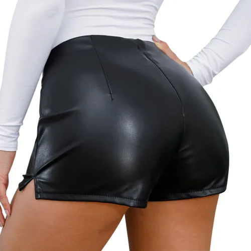 Vista 4 de Tulucky Pantalones cortos casuales de piel sintética para mujer, de cintura alta, flexibles, para club, fiesta, discoteca
