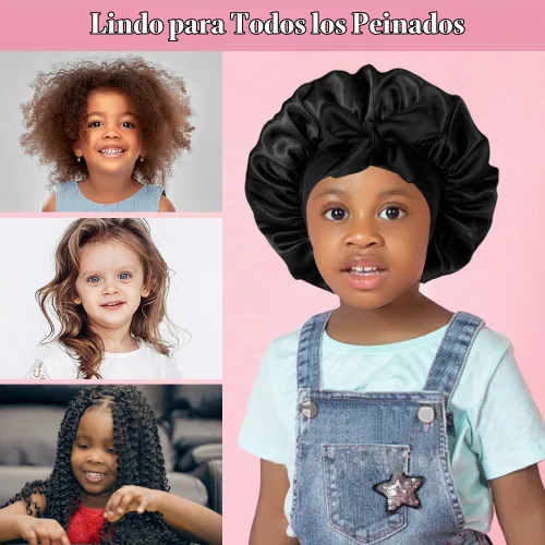 Vista 3 de 2+2 gorros de satén con coleteros para niños, bonitos gorros de pelo para niñas para dormir cabello rizado, A