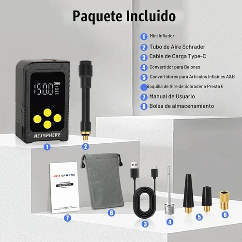 Vista 8 de Mini bomba de neumáticos para bicicleta, máximo 150 PSI, bomba de bicicleta de inflado rápido de 25 s con calibre, inflador eléctrico de neumáticos