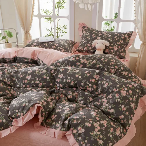 Vista 58 de Funda de edredón de flores rosadas, tamaño individual, elegante, con volantes, funda de edredón de encaje de algodón, juego de ropa de cama floral