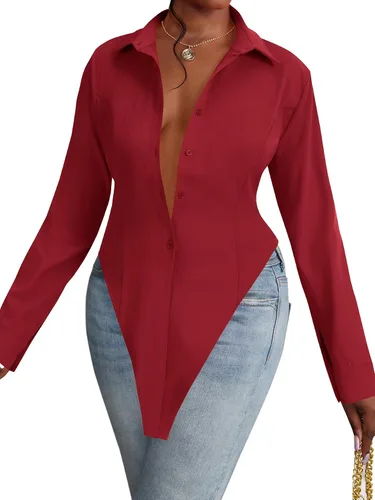Vista 14 de OPOIPIN Blusa de manga larga con cuello en V para mujer, con botones, dobladillo con abertura