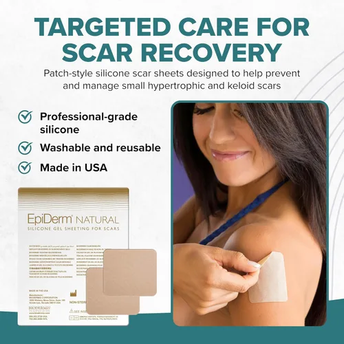 Vista 2 de EpiDerm - Hojas pequeñas de silicona para cicatrices, reutilizables, 2 x 2.5 pulgadas, 1 par, natural Soft Flexible Silicone Scar Patches for