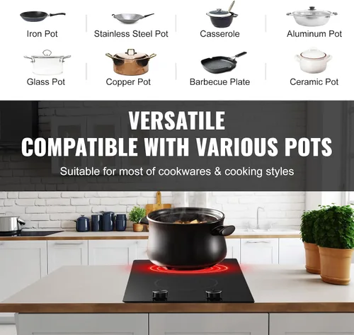 Vista 4 de VEVOR Placa de cocina eléctrica de cerámica, estufa eléctrica integrada, con panel de vidrio, control de perilla, 11 niveles de calor, para diversos