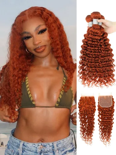 Vista 12 de Cabello Humano Rizado Castaño Rojizo, Trama Gruesa Castaño Cobrizo Rojo Coloreado Ondas Profundas Paquetes Individuales Cabello Humano 12A Tejido