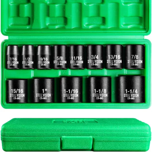 Vista 3 de Steel Vision Tools Juego de 13 piezas de 1/2 pulgada SAE de impacto con unidad de enchufe profundo Acero cromo-molibdeno EncHUFES de impacto