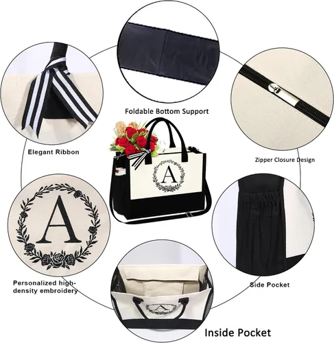 Vista 3 de YOOLIFE Bolsa de algodón con inicial con bolsa de maquillaje, bolsa de playa con cremallera correa ajustable, regalos de cumpleaños para mujeres