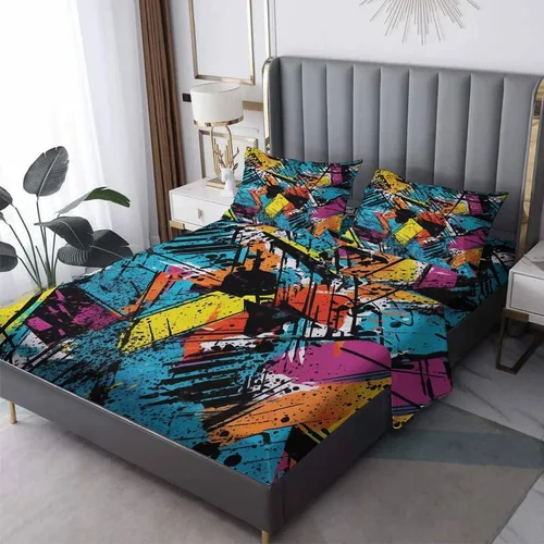 Vista 8 de Graffiti Sheets - Juego de sábanas tamaño individual, sábanas de microfibra suave, bolsillo profundo, sábanas y fundas de almohada estampadas sin