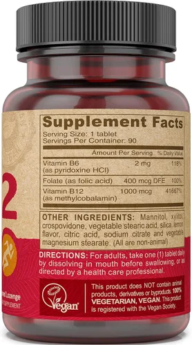 Vista 3 de DEVA Suplemento vegano de disolución rápida de vitamina B12, complejo una vez al día con 1000 Mcg de metilcobalamina B12, ácido fólico, B6 - Sabor a