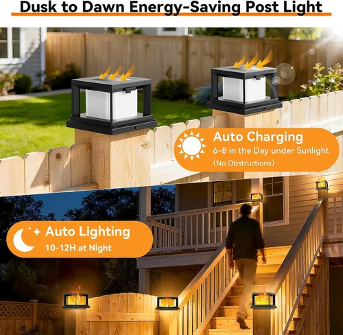 Vista 3 de Paquete de 8 luces solares para exteriores, luces solares impermeables para punta de poste de 4 x 4 con llama parpadeante, luces de poste de alta